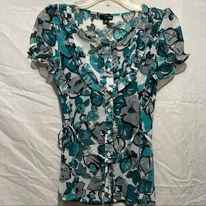 Sheer turquoise floral button down short sleeve shirt.